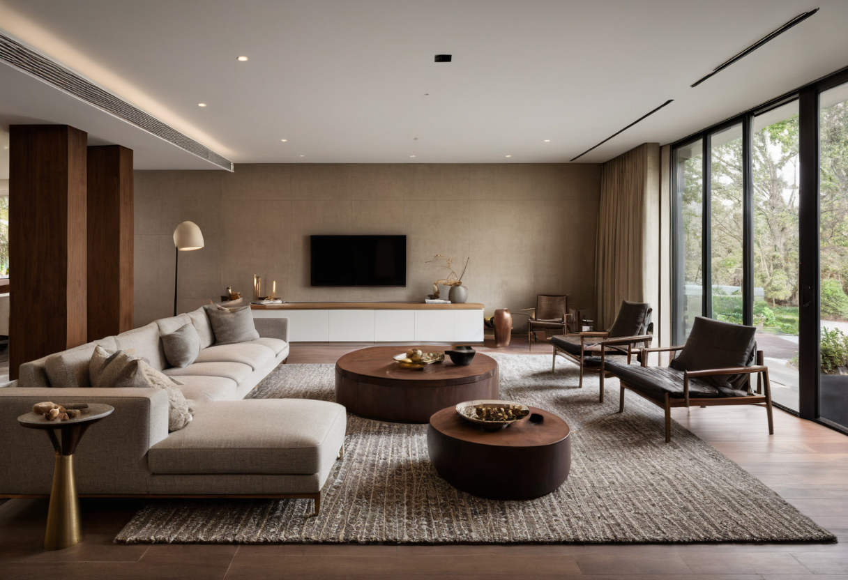 Rugs, coffee tables, side tables, and media walls should be sized as part of the seating plan planning reference