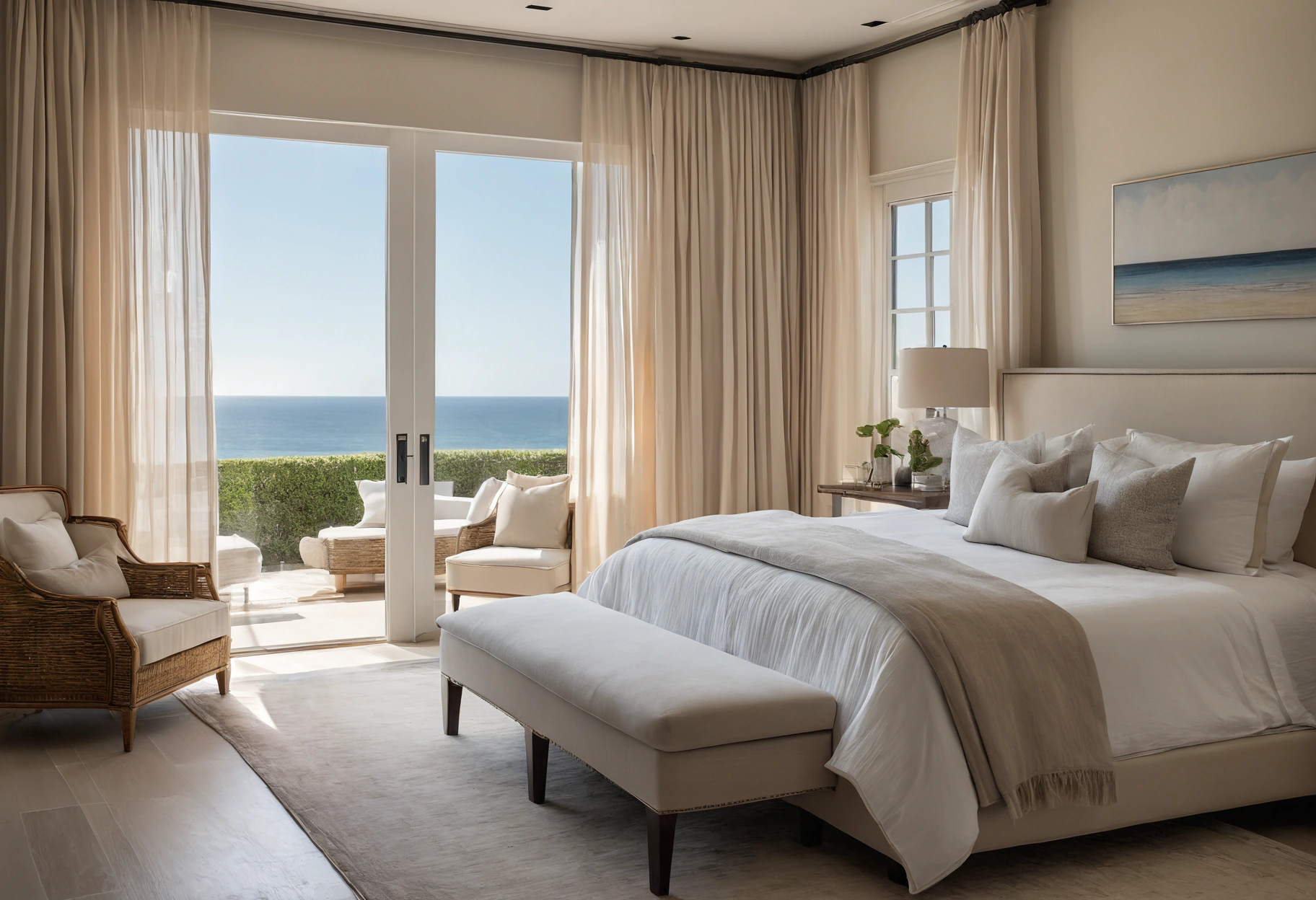 Coastal bedroom with layered sheer curtains diffusing strong sunlight