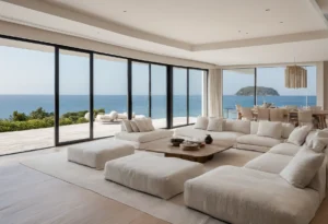 Beachfront villa living room with floor-to-ceiling windows facing the sea