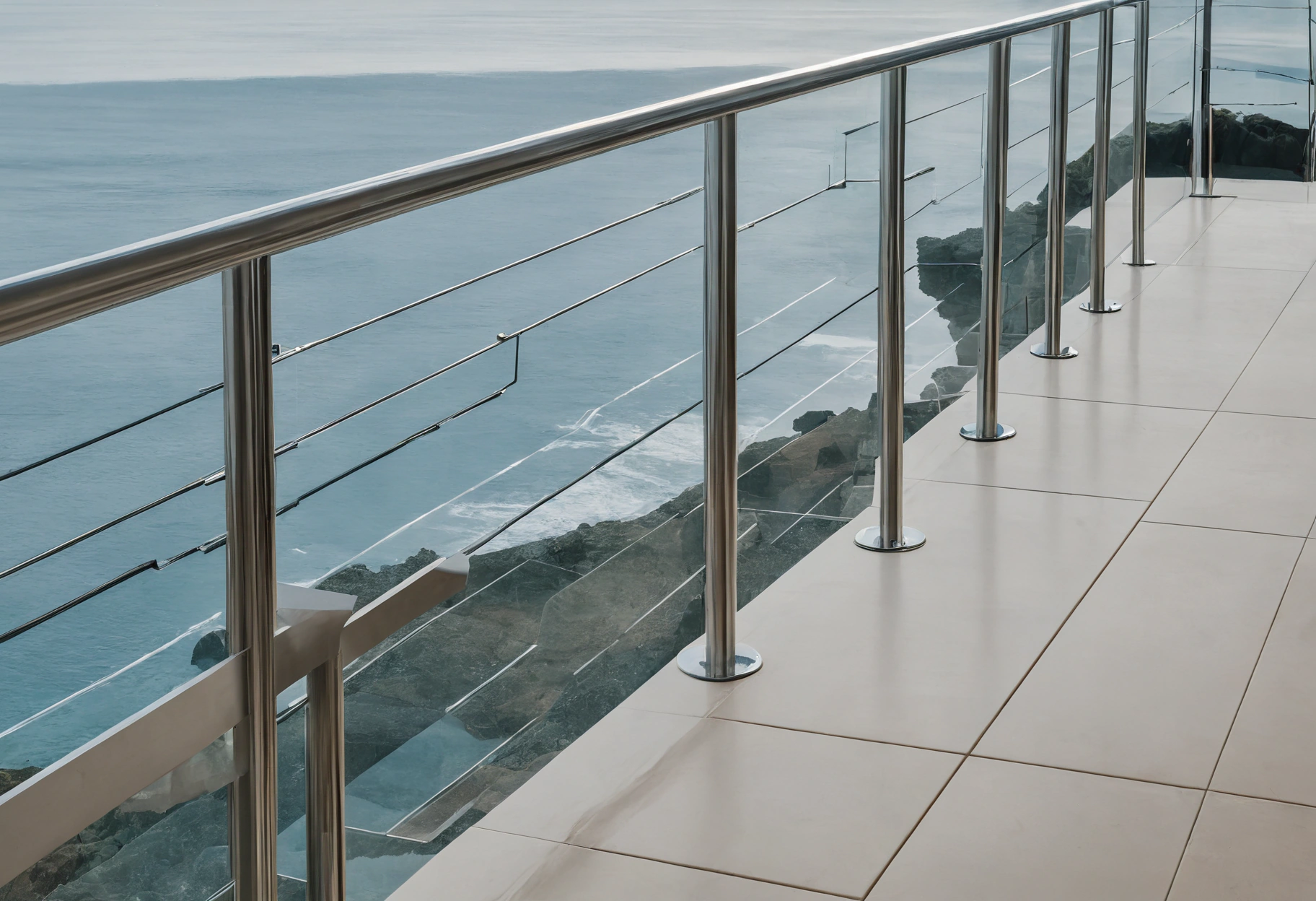 Marine-grade steel railing and porcelain floor detail in a beach house