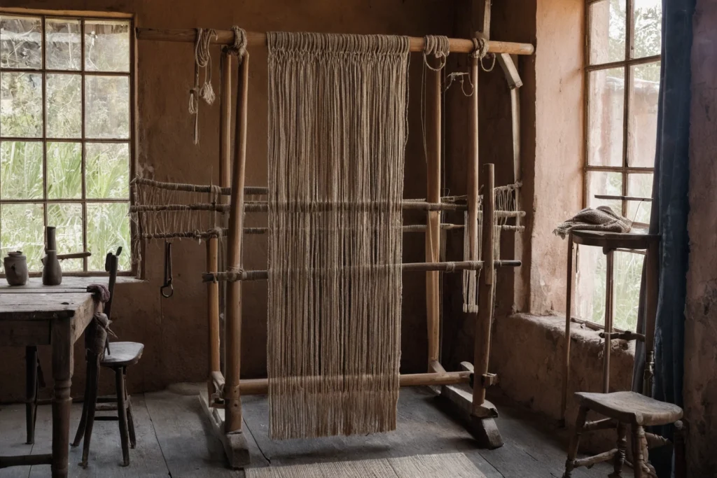 A wooden vertical loom dressed with taut cotton warp threads and a partly woven hand-knotted wool rug inside a weaving workshop