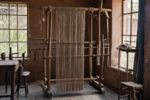A wooden vertical loom dressed with taut cotton warp threads and a partly woven hand-knotted wool rug inside a weaving workshop