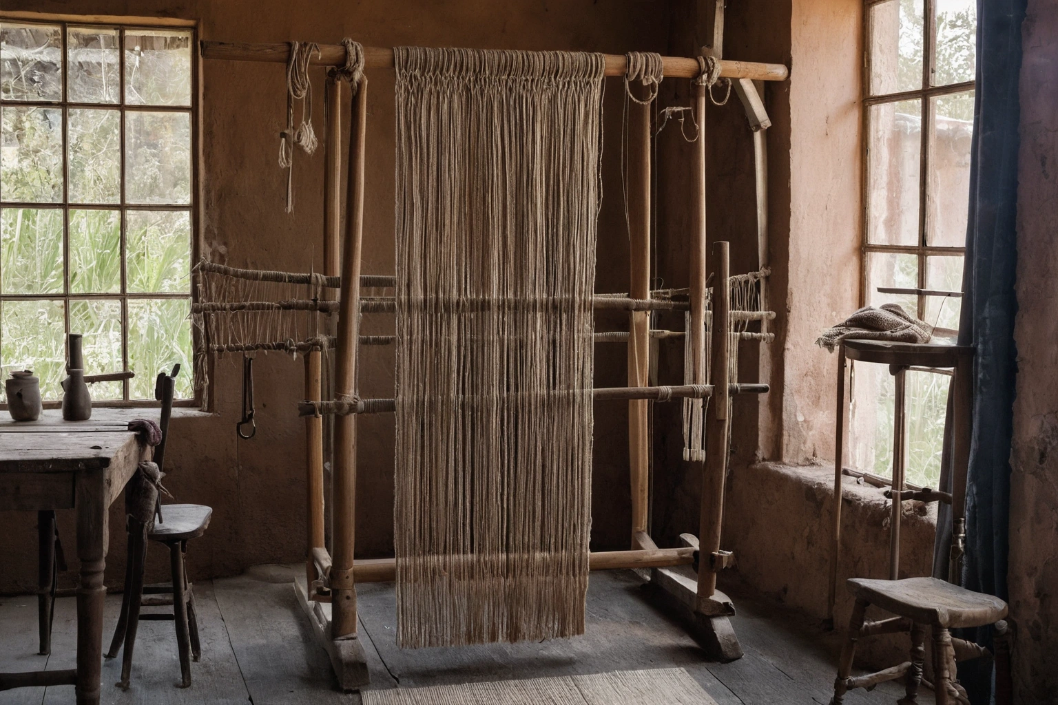 A wooden vertical loom dressed with taut cotton warp threads and a partly woven hand-knotted wool rug inside a weaving workshop