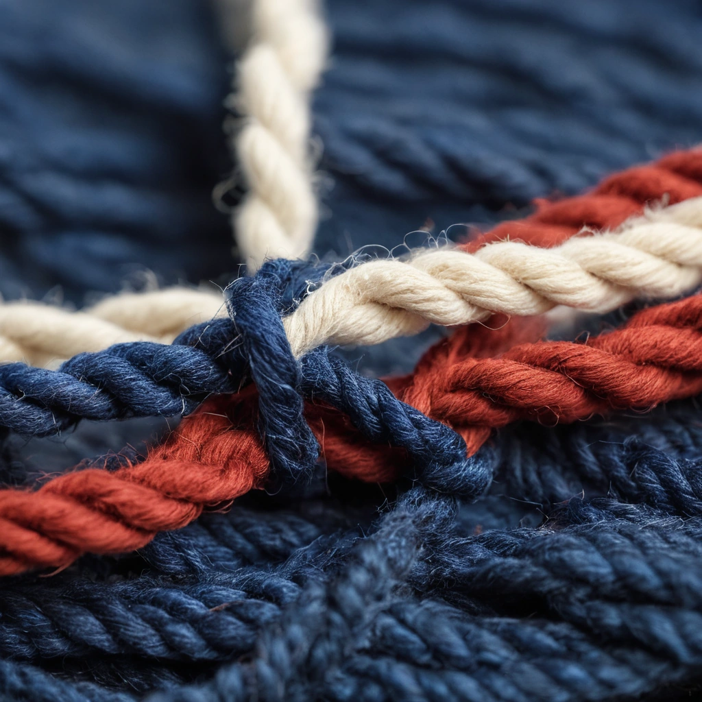 Macro view of individual hand-tied knots in wool pile on a carpet in progress