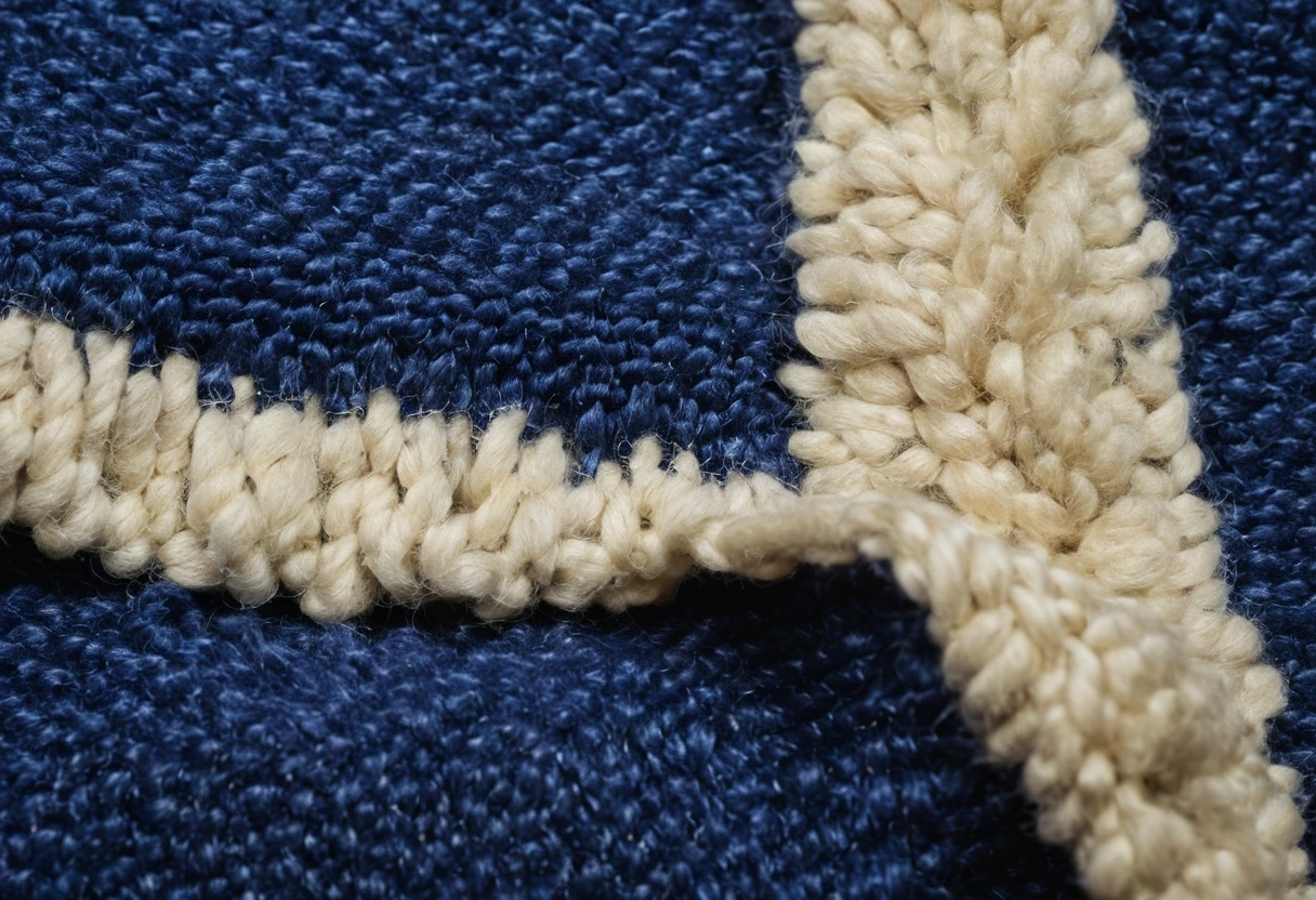 Sheared wool pile surface of a hand-knotted carpet in indigo and ivory tones
