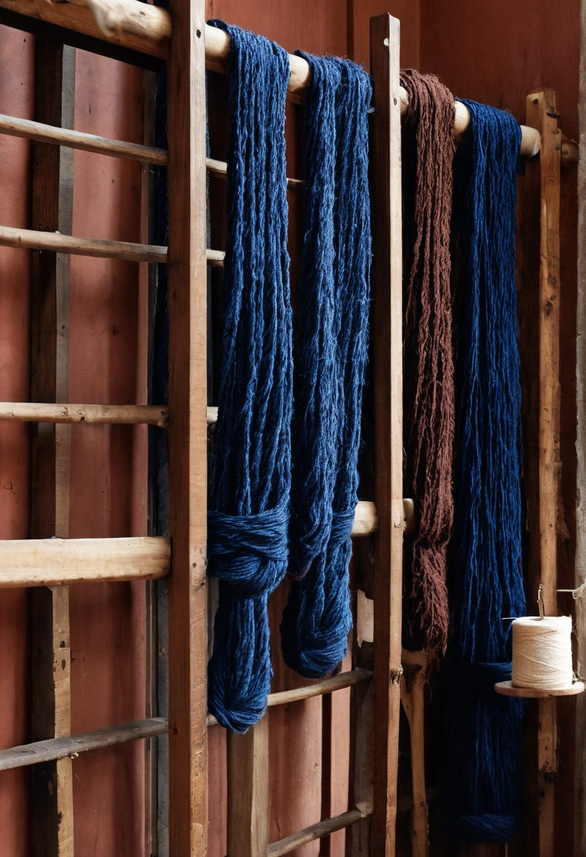 Skeins of dyed wool yarn hanging on a wooden rack in a workshop interior