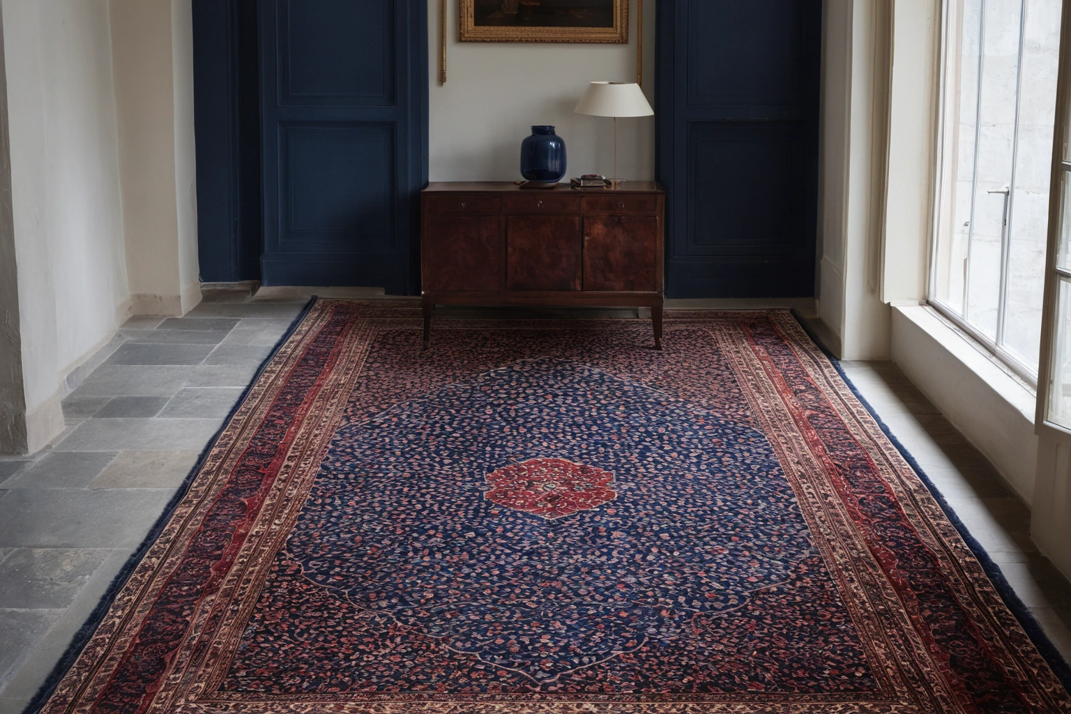 A finished hand-knotted wool carpet with a geometric medallion pattern on a stone floor
